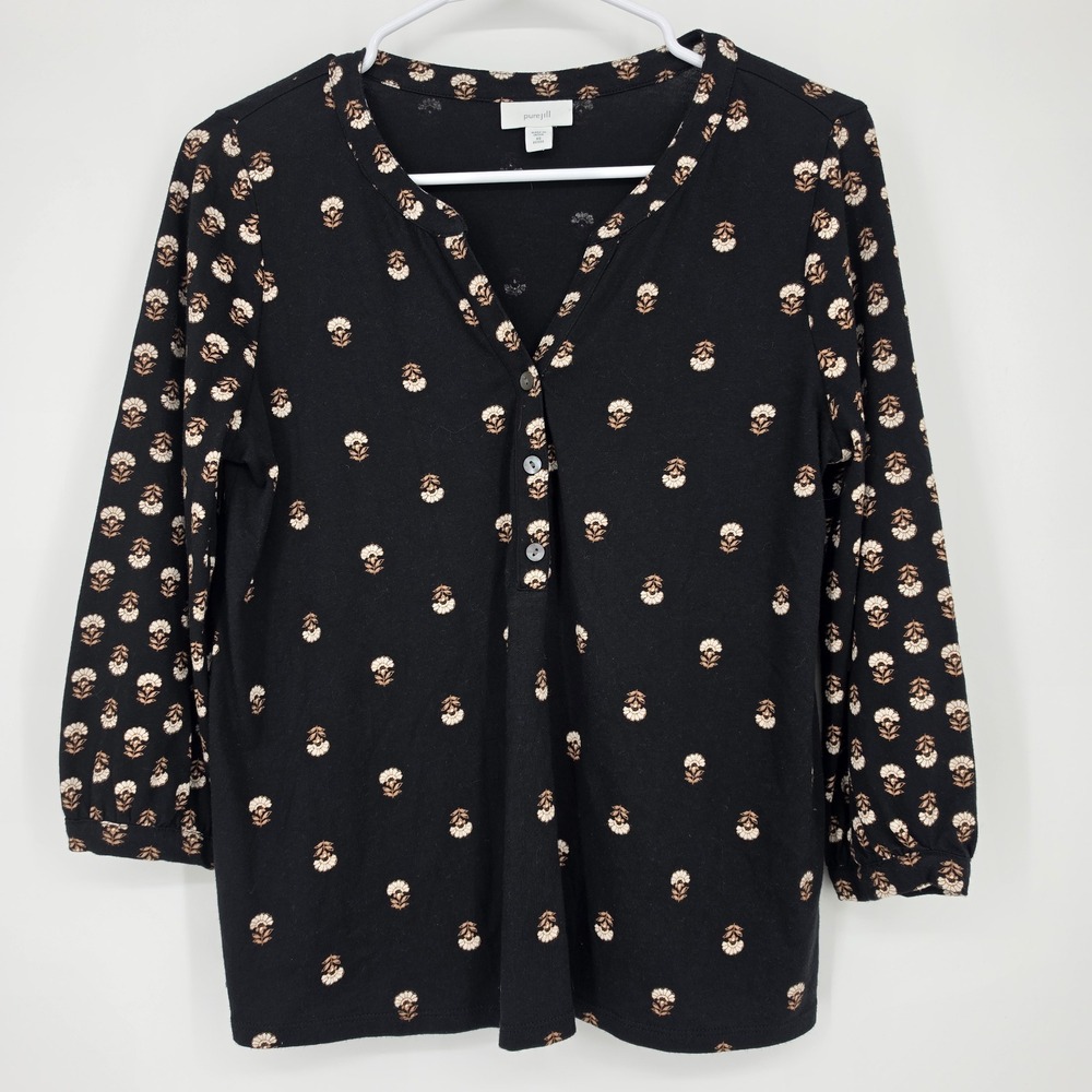 Pure Jill Floral Henley Tunic XS Petite‎ Black Boho Cottagecore 3/4 Sleeve Top